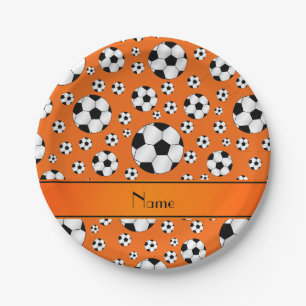 Custom name fun orange soccer balls orange stripe paper plates