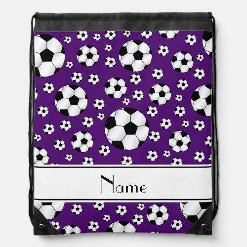 Custom name fun purple soccer balls white stripe drawstring bag