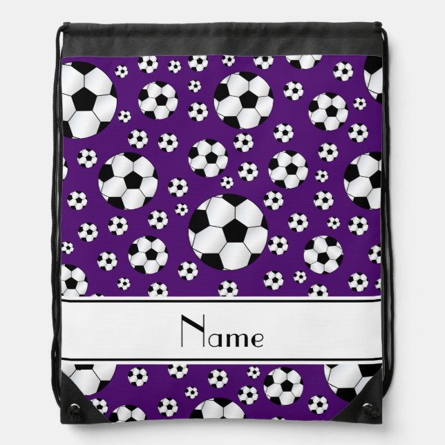 Custom name fun purple soccer balls white stripe drawstring bag (Front)