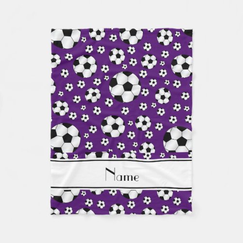 Custom name fun purple soccer balls white stripe fleece blanket