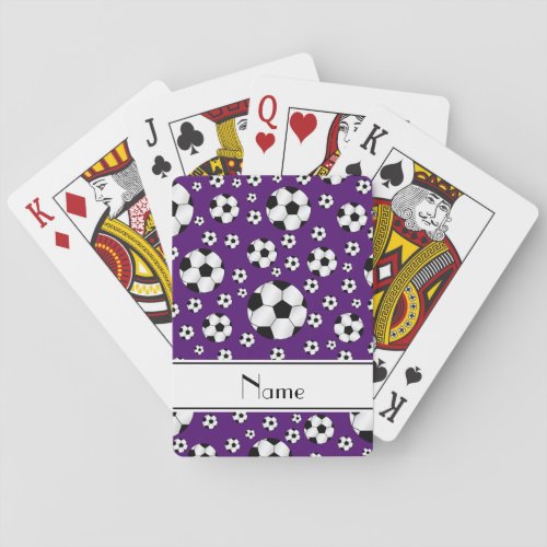 Custom name fun purple soccer balls white stripe playing cards
