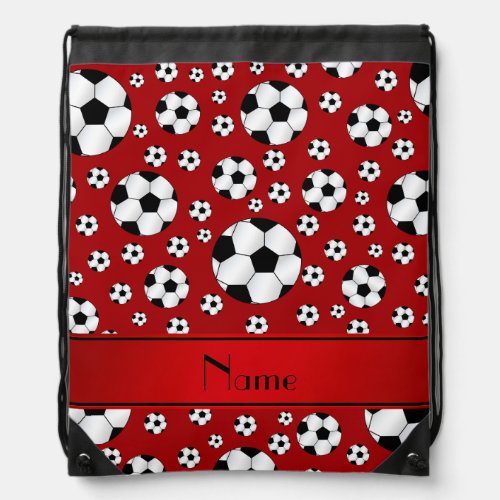 Custom name fun red soccer balls red stripe drawstring bag