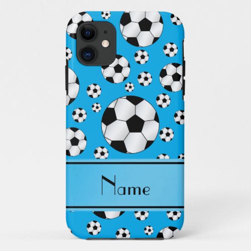 Custom name fun sky blue soccer balls blue stripe iPhone 11 case