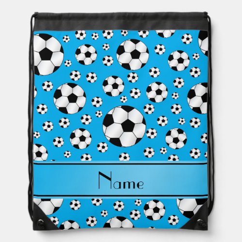 Custom name fun sky blue soccer balls blue stripe drawstring bag