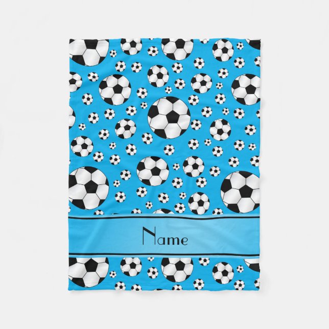 Custom name fun sky blue soccer balls blue stripe fleece blanket (Front)