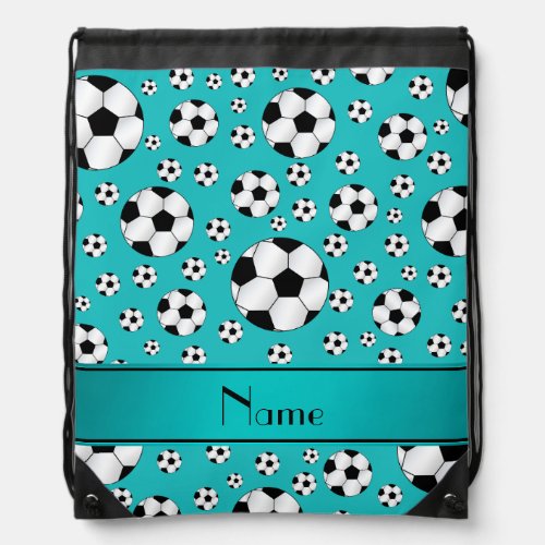 Custom name fun turquoise soccer balls and stripe drawstring bag