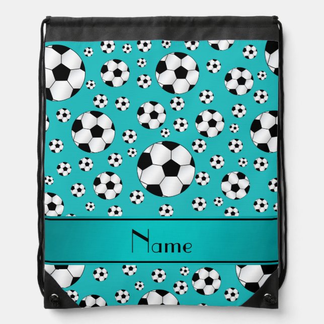 Custom name fun turquoise soccer balls and stripe drawstring bag (Front)