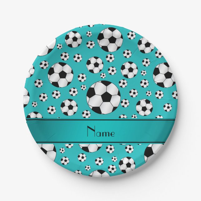 Custom name fun turquoise soccer balls and stripe paper plates (Front)