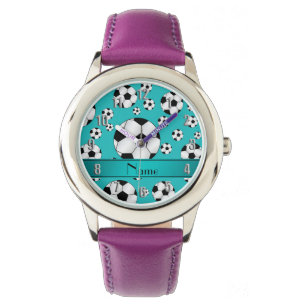 Custom name fun turquoise soccer balls and stripe watch