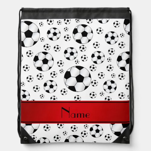 Custom name fun white soccer balls red stripe drawstring bag