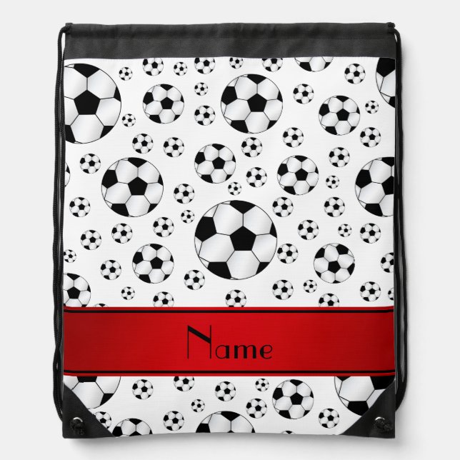 Custom name fun white soccer balls red stripe drawstring bag (Front)