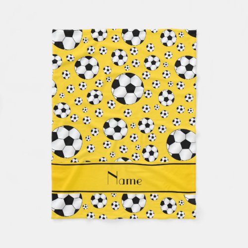 Custom name fun yellow soccer balls yellow stripe fleece blanket