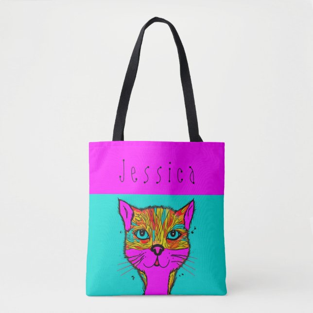 Custom Name Funky Colorful Cat Purple Teal Tote Bag (Front)