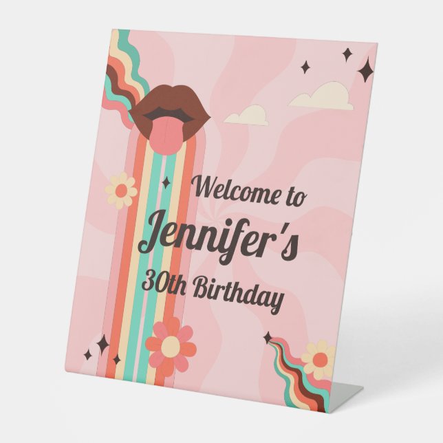Custom Name, Funky Groovy Birthday Party  Pedestal Sign (Front)
