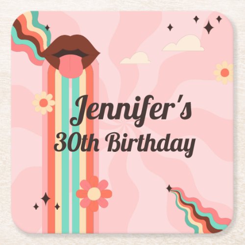 Custom Name Funky Groovy Birthday Party Square Paper Coaster