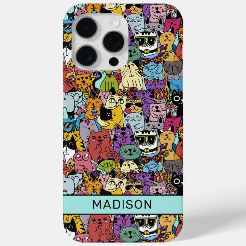 Custom Name Funny Cats Illustration iPhone 15 Pro Max Case