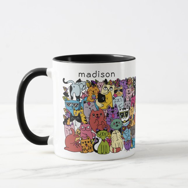 Custom Name Funny Cats Illustration Mug (Left)
