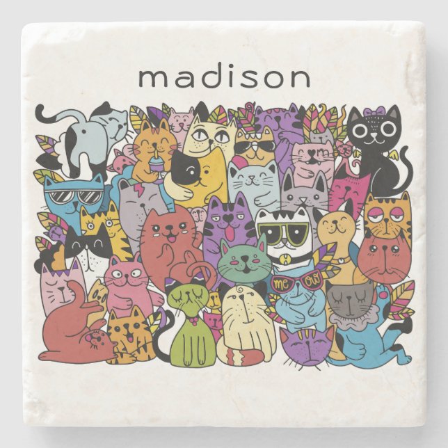 Custom Name Funny Cats Illustration Stone Coaster (Front)