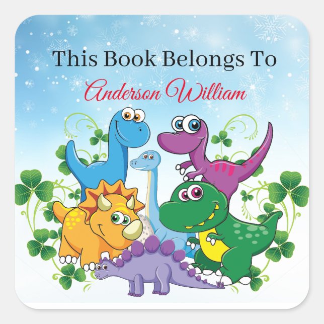 Custom Name Funny Dinosaur, leaves 4th Grade Square Sticker (Front)