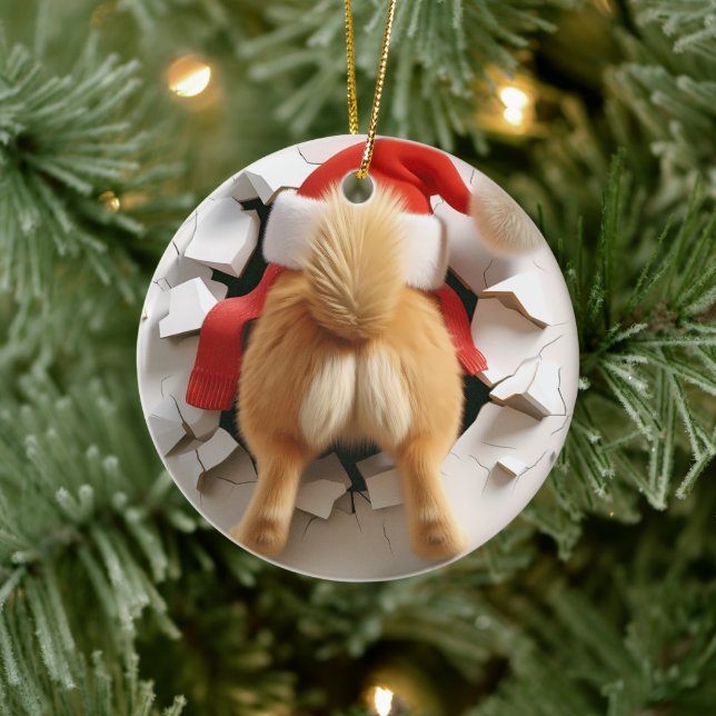 Custom Name Funny Dog Breaking In 2-Side Christmas Ceramic Ornament (Tree)