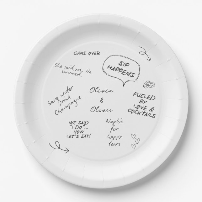 Custom name, funny love note handwriting wedding paper plates (Front)