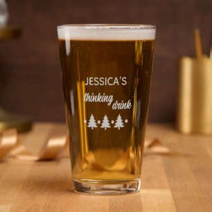 Custom Name Funny Thinking Drink Christmas Trees Pint Glass