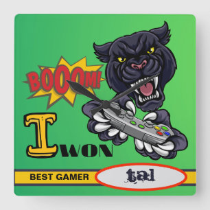 Custom Name Gamer Square Wall Clock - Green Design
