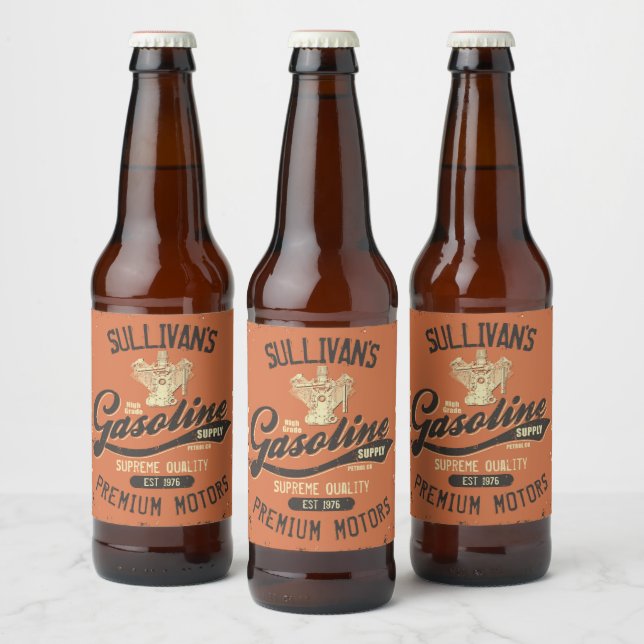 Custom NAME Gasoline Motors Retro Mechanic Garage  Beer Bottle Label (Bottles)