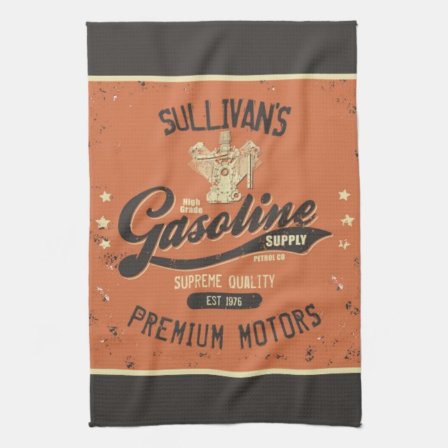 Custom NAME Gasoline Motors Retro Mechanic Garage  Kitchen Towel (Vertical)