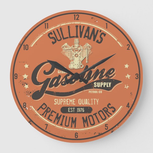 Custom NAME Gasoline Motors Retro Mechanic Garage Large Clock (Front)