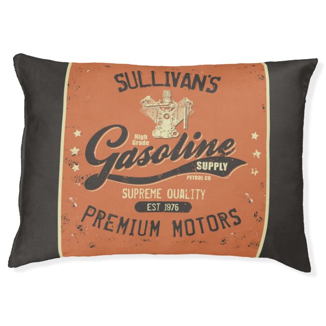Custom NAME Gasoline Motors Retro Mechanic Garage Pet Bed (Front)