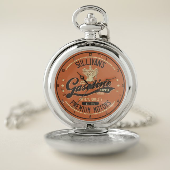 Custom NAME Gasoline Motors Retro Mechanic Garage  Pocket Watch (Inside)