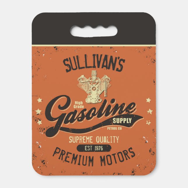 Custom NAME Gasoline Motors Retro Mechanic Garage  Seat Cushion (Front Vertical)