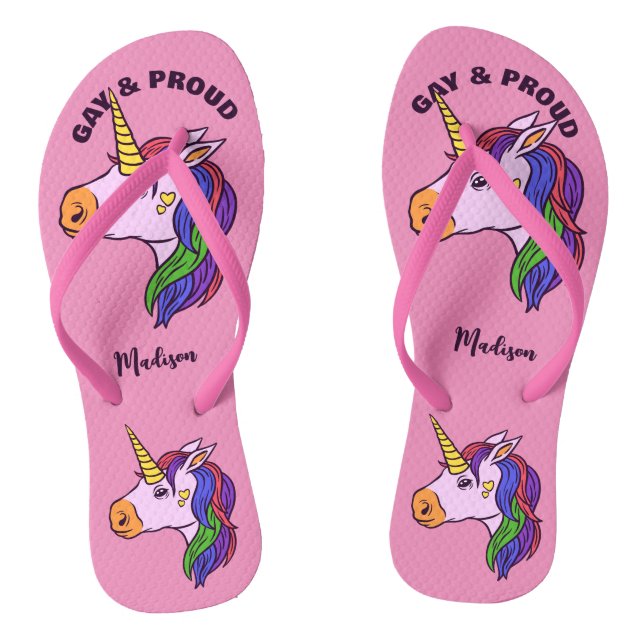 Custom Name Gay Unicorn Flip Flops (Footbed)