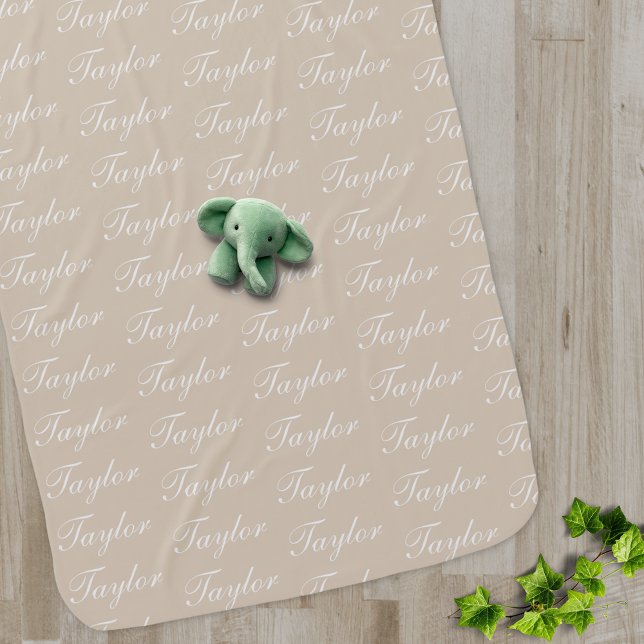 Custom Name Gender Neutral Baby Shower Minimalist Baby Blanket (Light Taupe Unisex Baby fleece blanket with name pattern all over. Stylish Minimalist baby blanket.)
