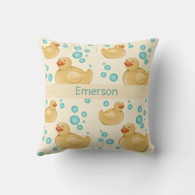 Custom Name Gender Neutral Yellow Duck Pastel Throw Pillow (Back)