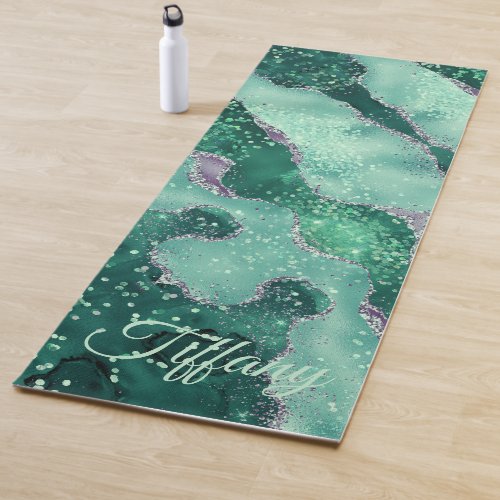 Custom Name Geode Agate Sparkle Rock Green Yoga Mat