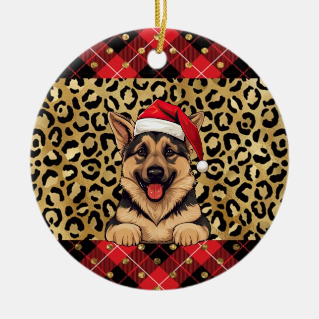 Custom Name German Shepherd dog Santa hat Buffalo  Ceramic Ornament (Front)