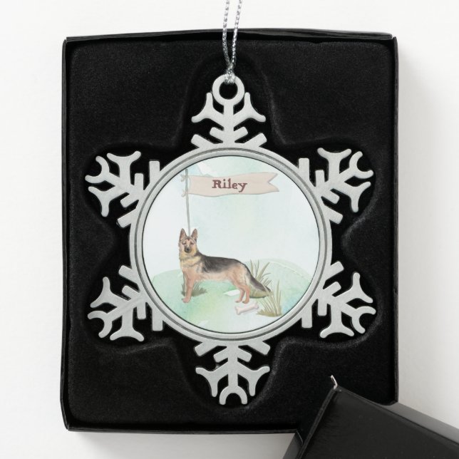 Custom Name German Shepherd Pet Dog Snowflake Pewter Christmas Ornament (Box)