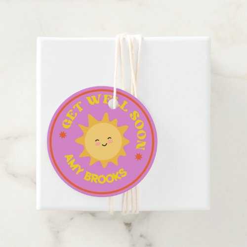 Custom name get well soon text sun on purple favor tags