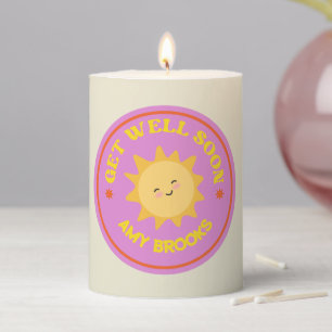 Custom name get well soon text sun on purple pillar candle