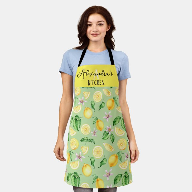 Custom Name Gift Happy Bright Lemons Kitchen Apron (Worn)