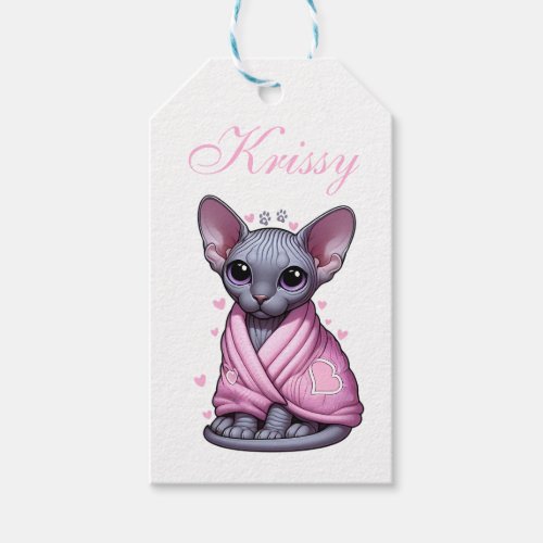 Custom Name Gift Tag 2 sided   Cute Sphynx Cat