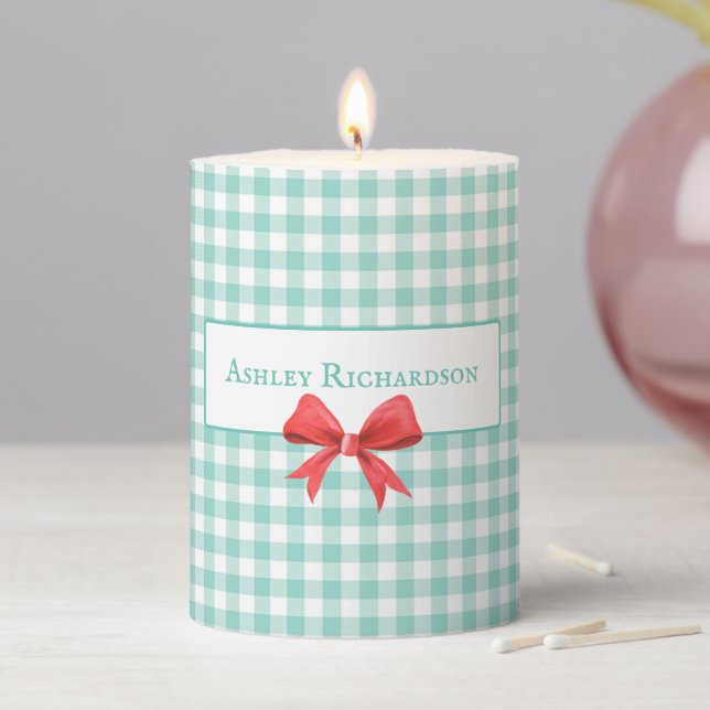 Custom Name Gingham Pillar Candle (In Situ)