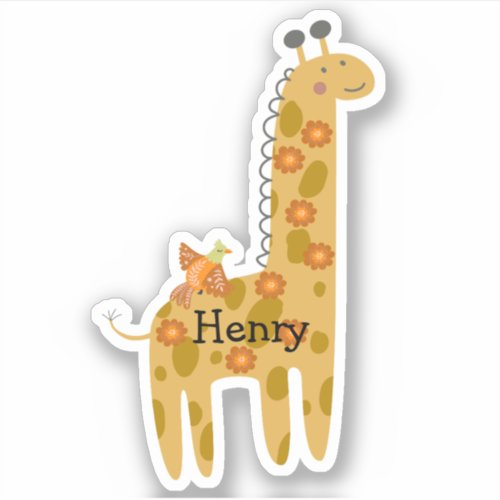  Custom Name Giraffe Bird  Flowers Orange Laptop Sticker