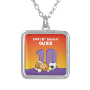 Custom Name Girl 10th Birthday Sports Balls Silver Plated Necklace