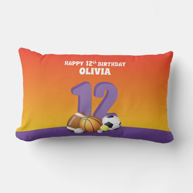Custom Name Girl 12th Birthday Sports Balls Lumbar Pillow (Front)