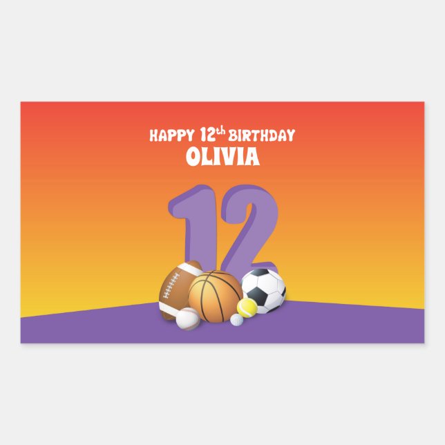 Custom Name Girl 12th Birthday Sports Balls Rectangular Sticker (Front)