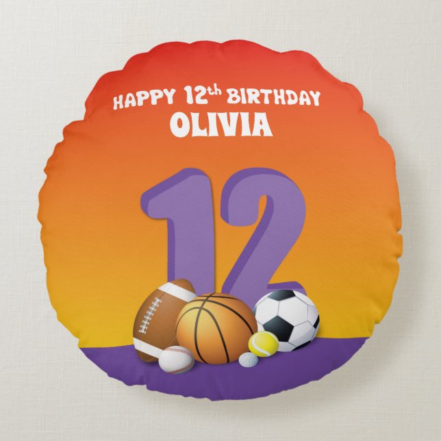 Custom Name Girl 12th Birthday Sports Balls Round Pillow (Front)