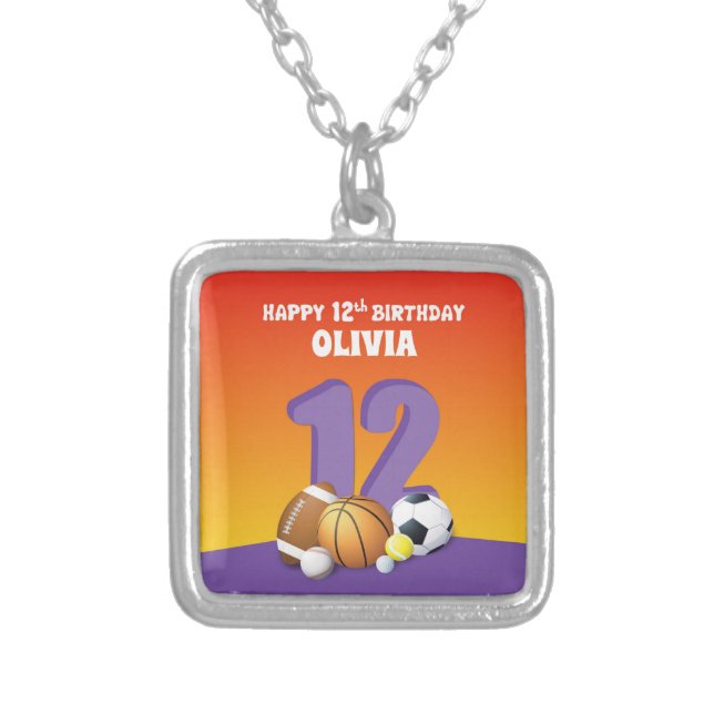 Custom Name Girl 12th Birthday Sports Balls Silver Plated Necklace (Front)